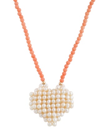 Necklace 14K Dyed Coral & Pearl Heart Pendant Necklace