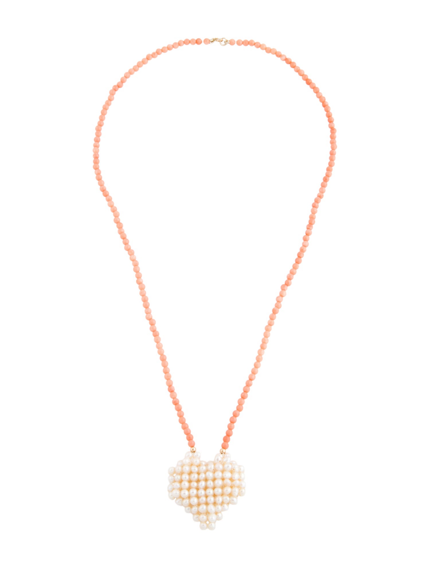 Necklace 14K Dyed Coral & Pearl Heart Pendant