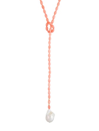Necklace 14K Coral & Pearl Lariat Necklace