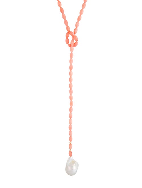 Necklace 14K Coral & Pearl Lariat Necklace