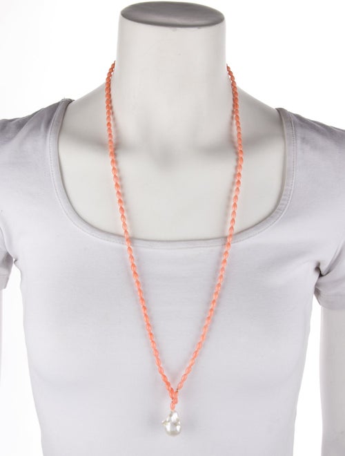 Necklace 14K Coral & Pearl Lariat Necklace