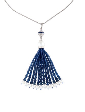 Necklace 18K Pearl, Sapphire & Diamond Tassel Necklace