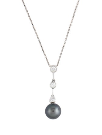 Necklace 14K Pearl & Diamond Drop Pendant Necklace
