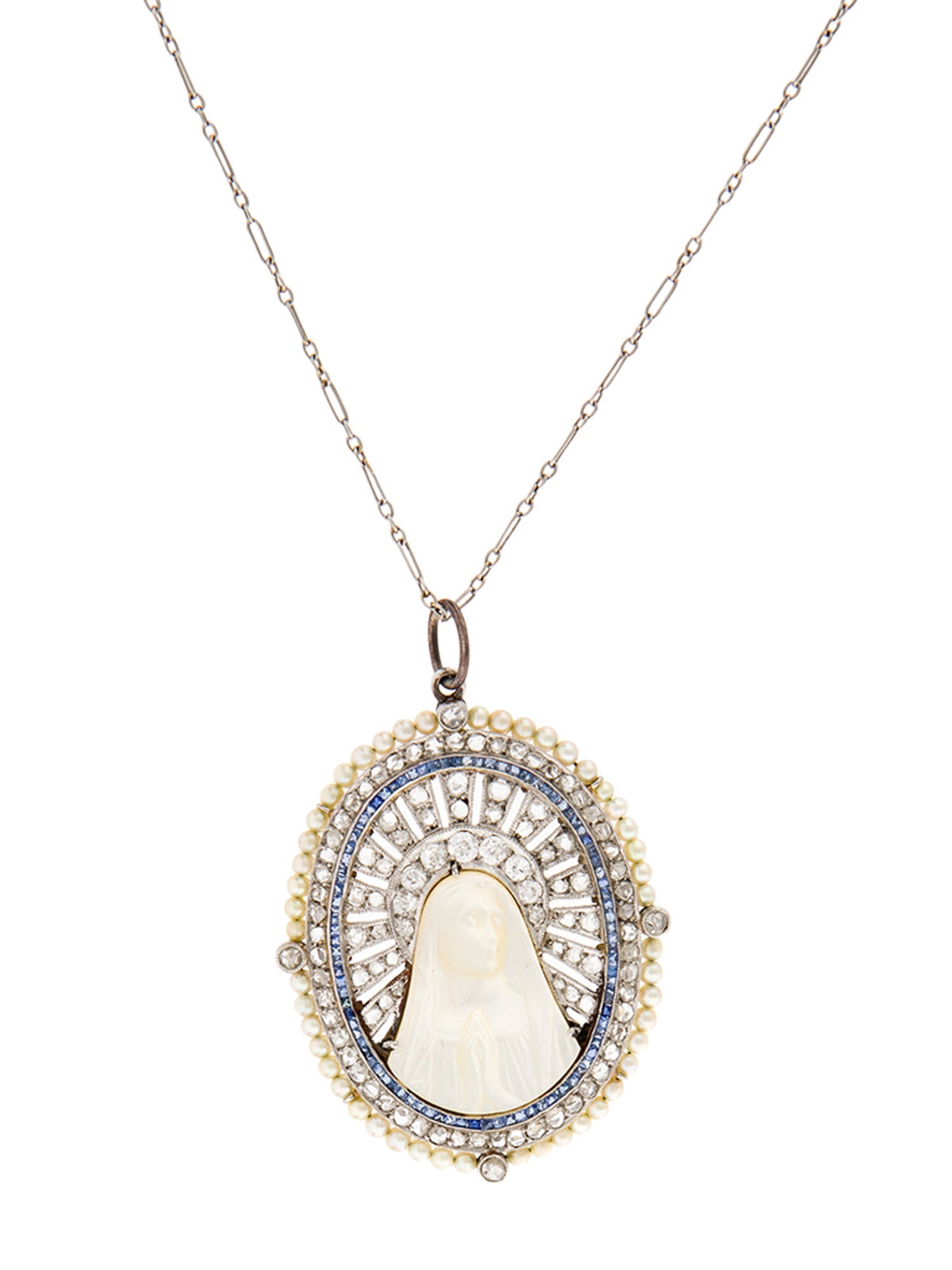 Necklace Platinum Pearl, Mother Of Pearl, Sapphire & Diamond Religious Pendant