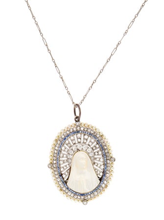 Necklace Platinum Pearl, Mother Of Pearl, Sapphire & Diamond Religious Pendant Necklace