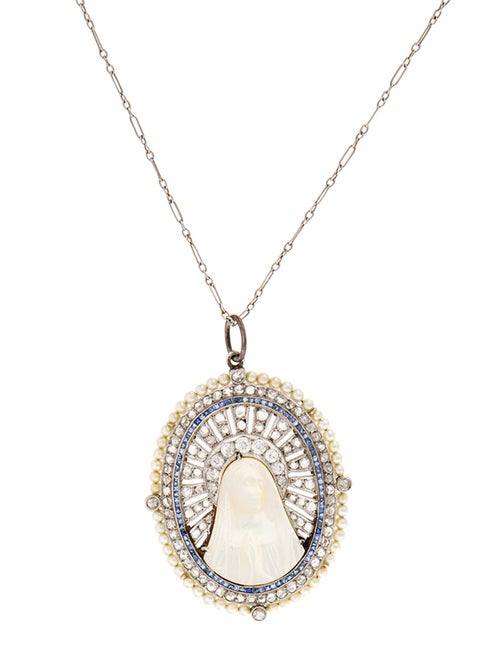 Necklace Platinum Pearl, Mother Of Pearl, Sapphire & Diamond Religious Pendant Necklace