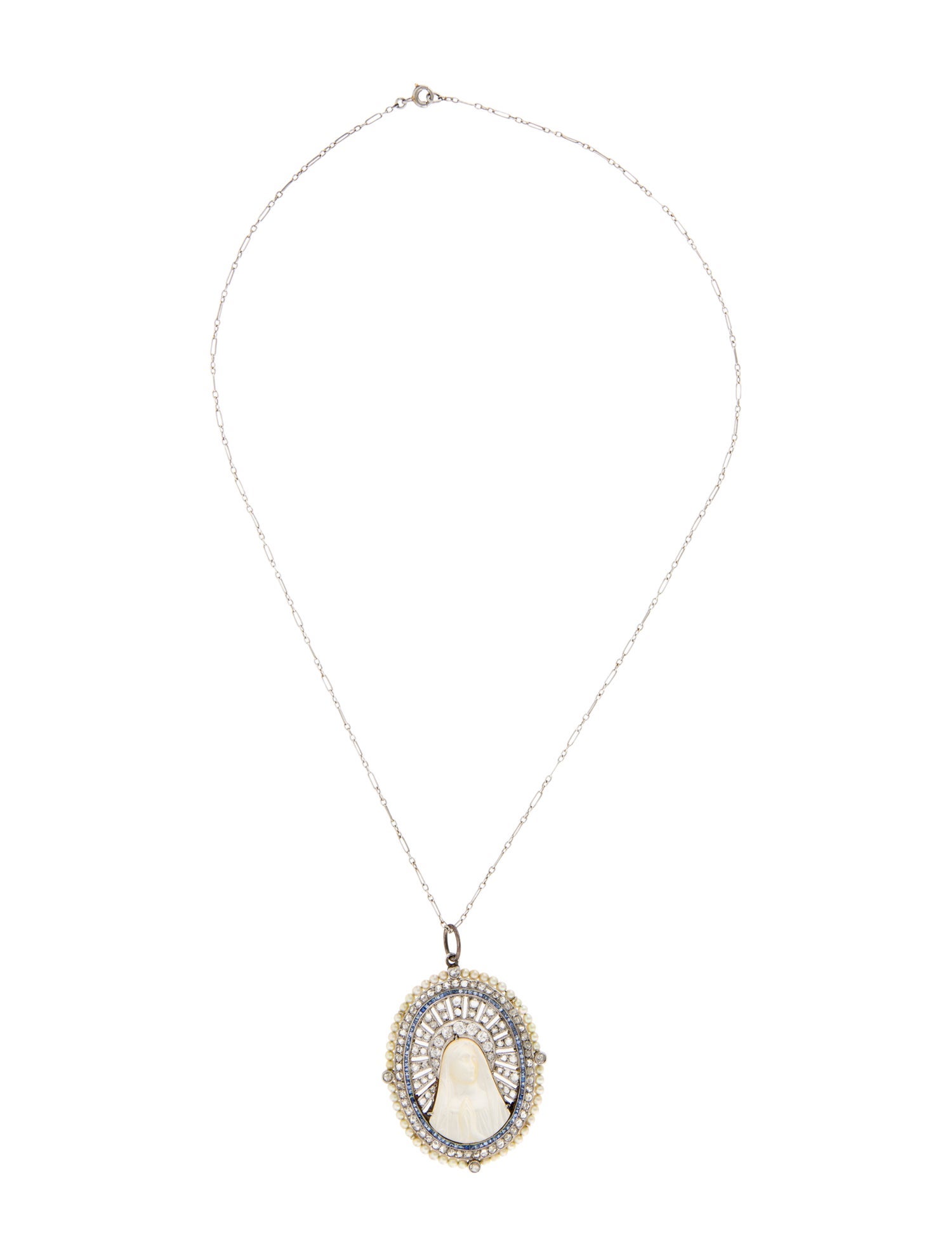 Necklace Platinum Pearl, Mother Of Pearl, Sapphire & Diamond Religious Pendant