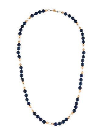 Necklace 14K Pearl & Lapis Lazuli Bead Strand Necklace