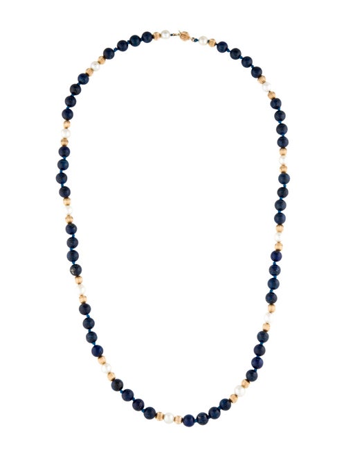Necklace 14K Pearl & Lapis Lazuli Bead Strand Necklace