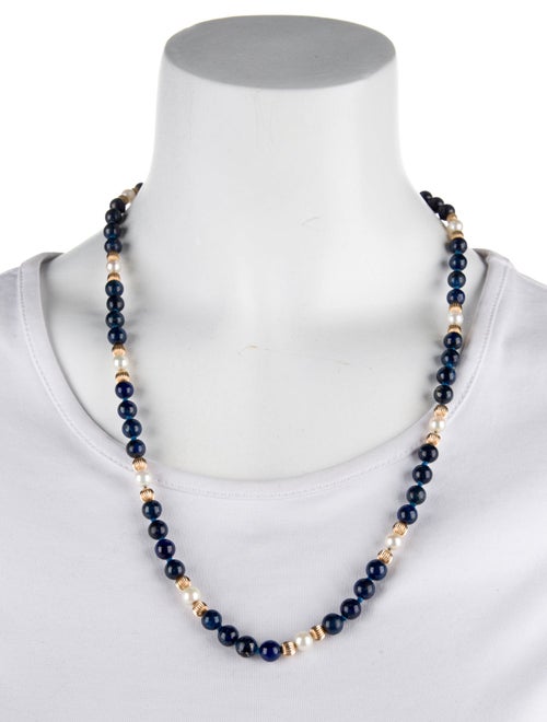 Necklace 14K Pearl & Lapis Lazuli Bead Strand Necklace
