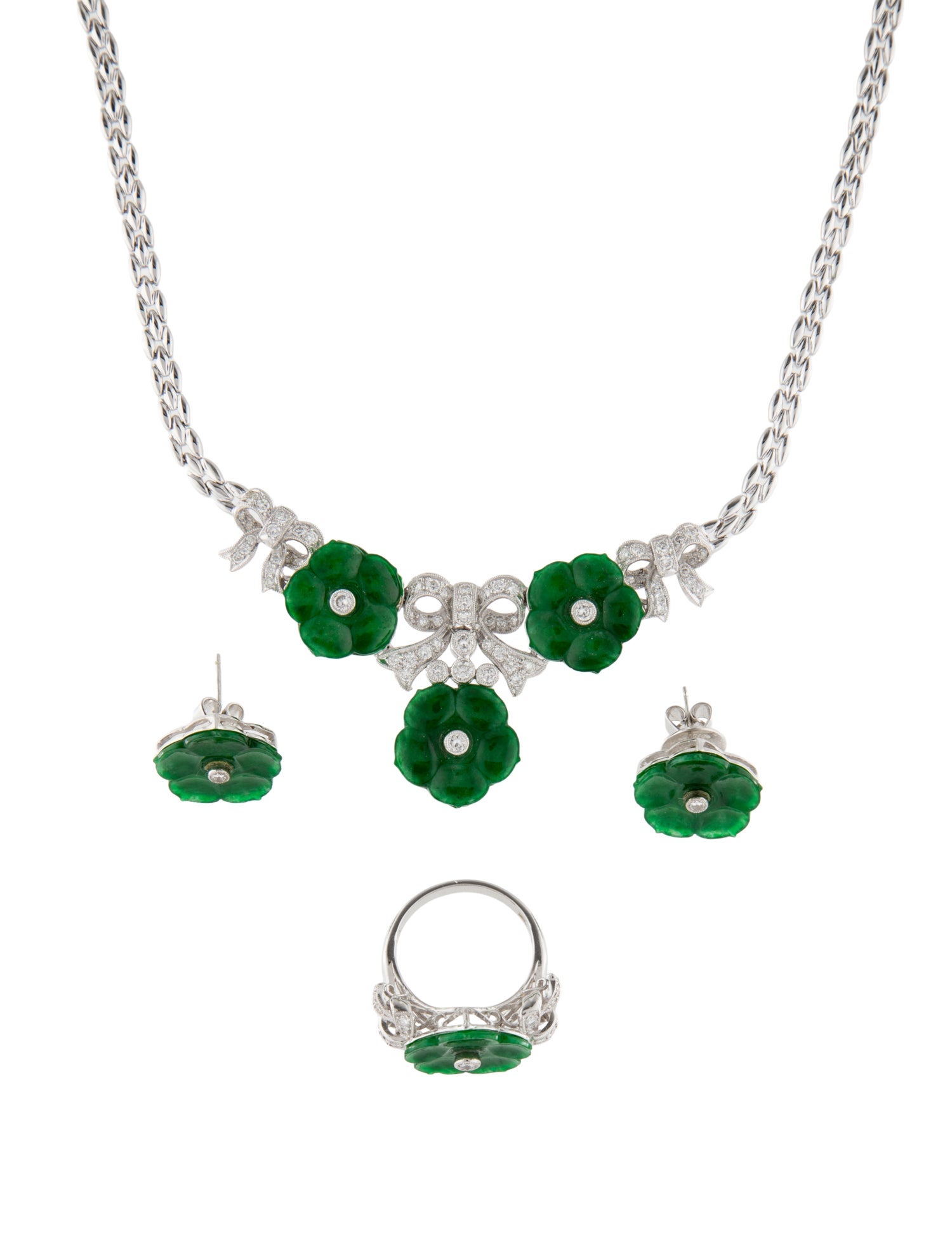 Necklace 18K Jadeite and Diamond , Stud Earrings, and Ring Set