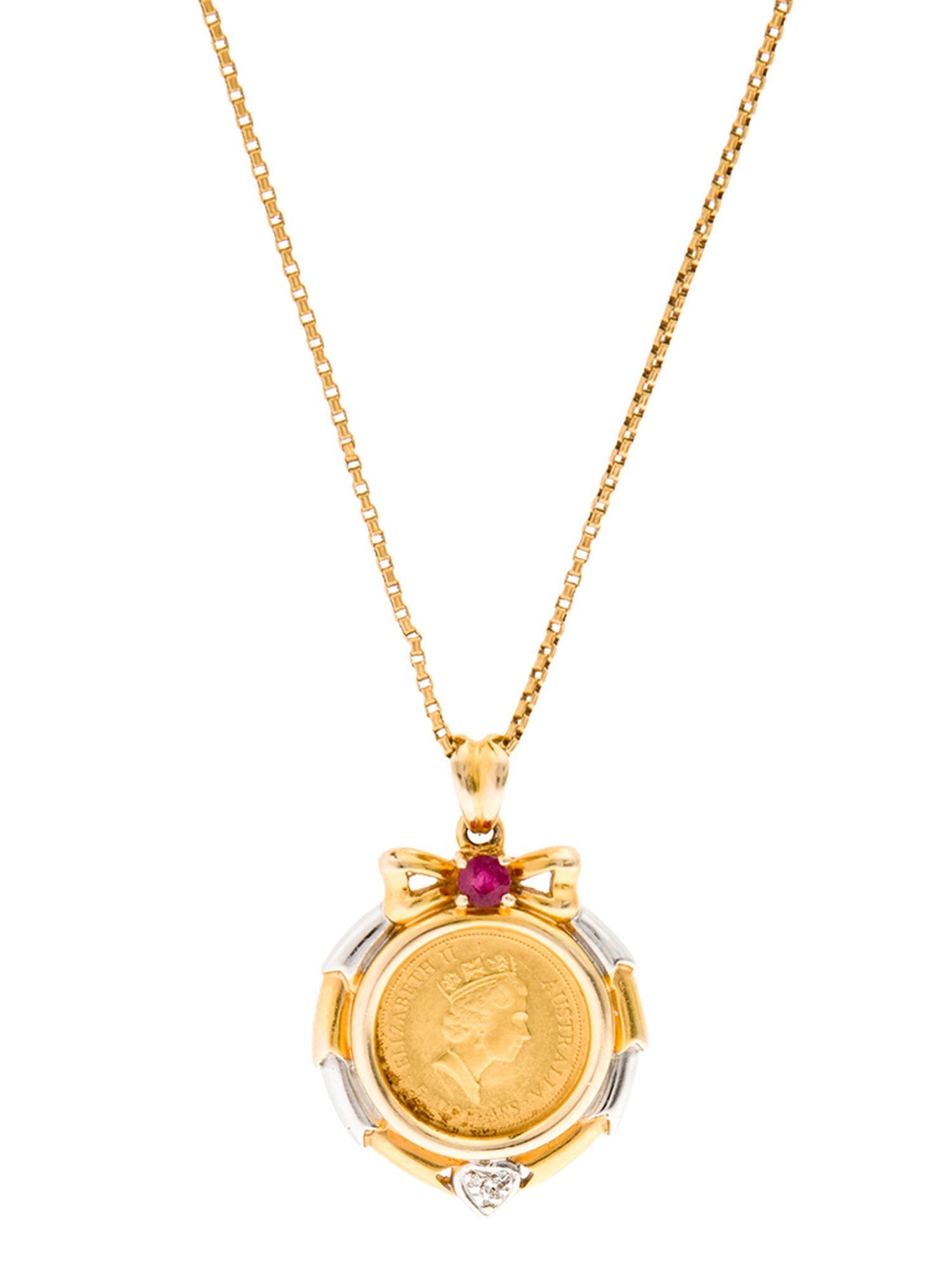 Necklace 14K, 24K Diamond & Ruby Coin Pendant