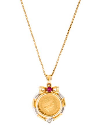 Necklace 14K, 24K Diamond & Ruby Coin Pendant Necklace