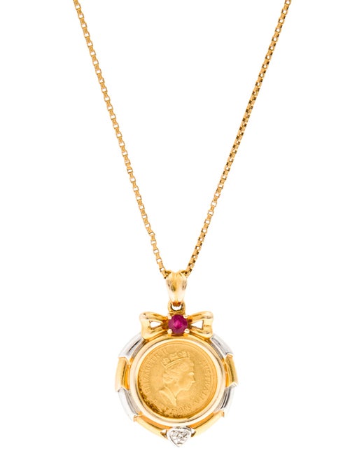 Necklace 14K, 24K Diamond & Ruby Coin Pendant Necklace