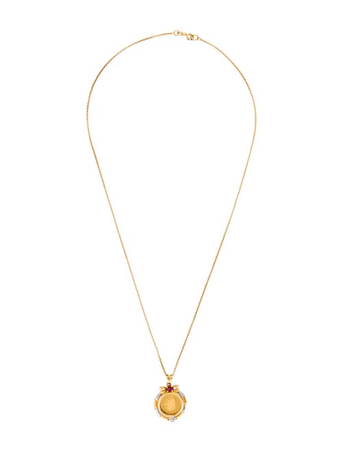 Necklace 14K, 24K Diamond & Ruby Coin Pendant Necklace