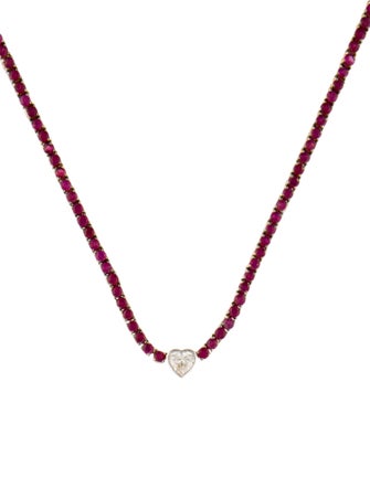 Necklace 18K 5.16ctw Ruby & Diamond Heart Ornament Tennis Necklace