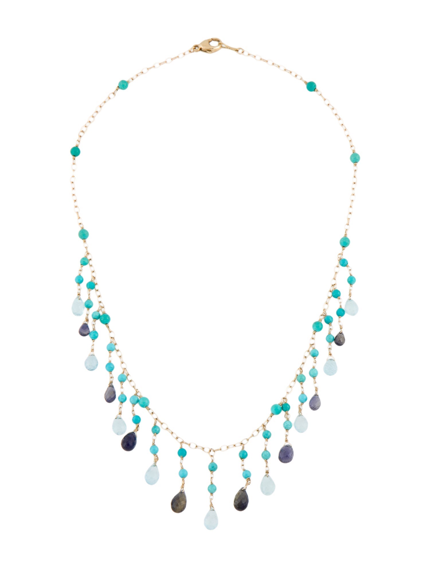 Necklace 14K Iolite, Topaz & Turquoise Station Drop