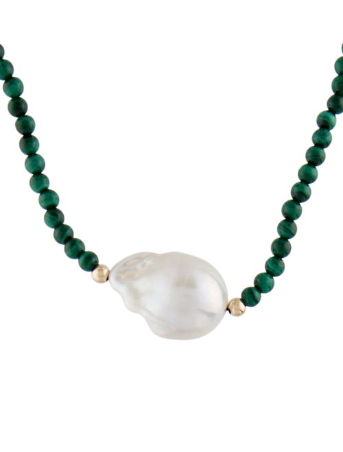 Necklace 14K Pearl & Malachite Beaded Necklace