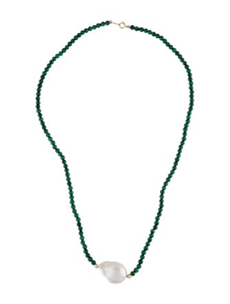 Necklace 14K Pearl & Malachite Beaded Necklace