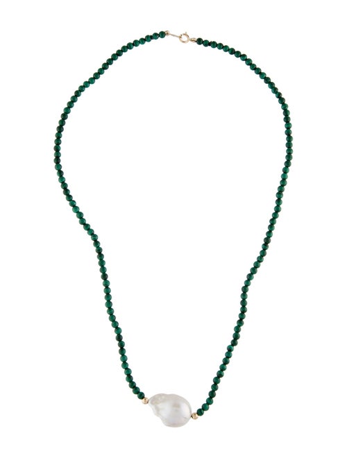Necklace 14K Pearl & Malachite Beaded Necklace
