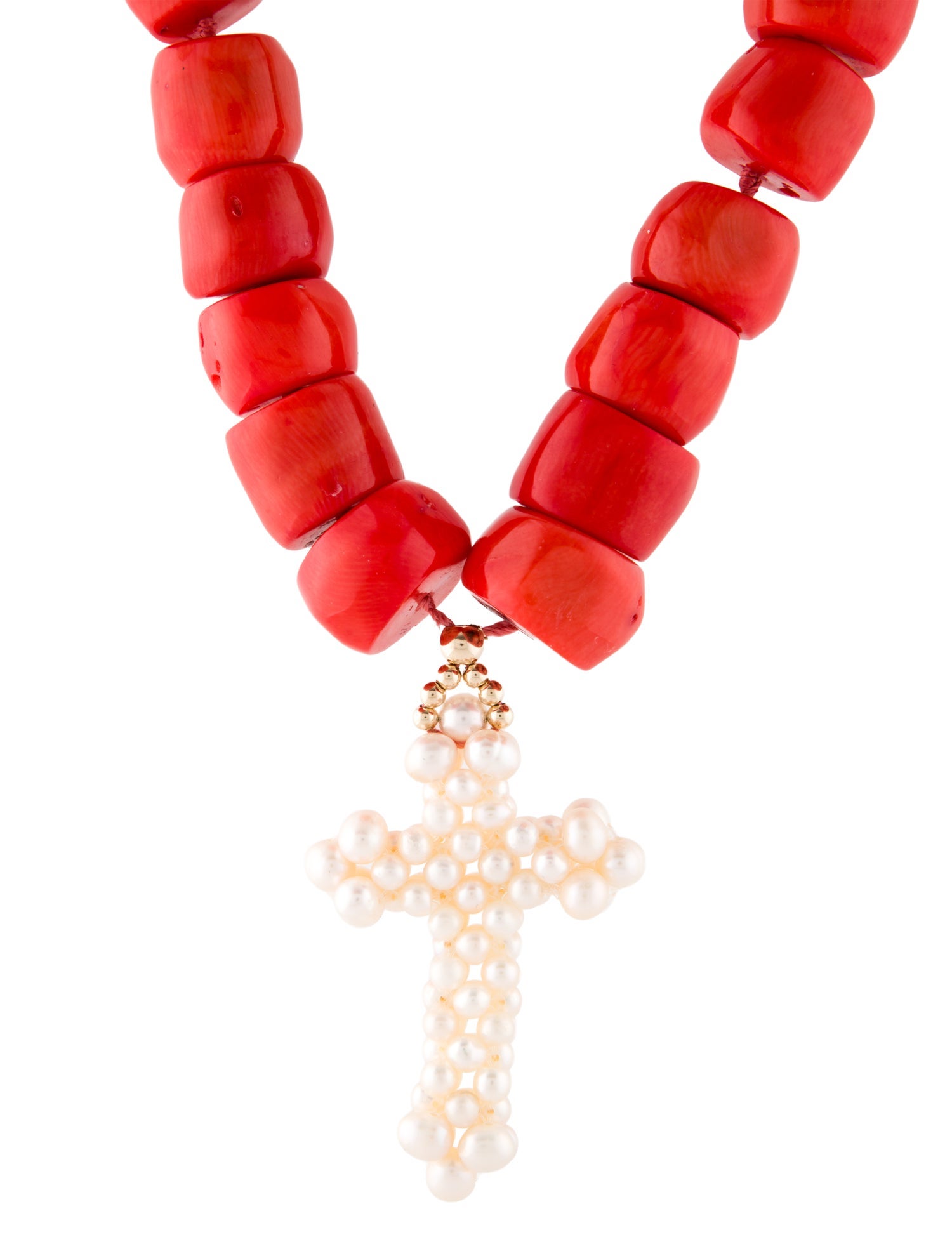 Necklace 14K Pearl & Coral Cross Pendant