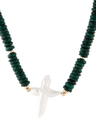 Necklace 14K Pearl & Malachite Cross Bead Strand Pendant Necklace
