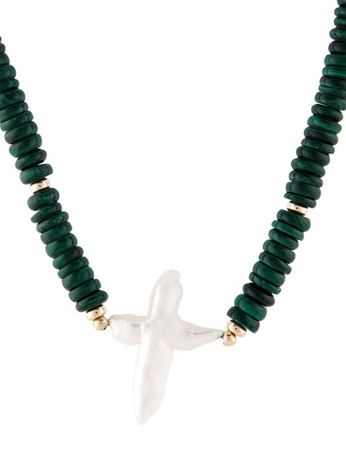 Necklace 14K Pearl & Malachite Cross Bead Strand Pendant Necklace