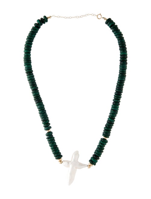 Necklace 14K Pearl & Malachite Cross Bead Strand Pendant Necklace
