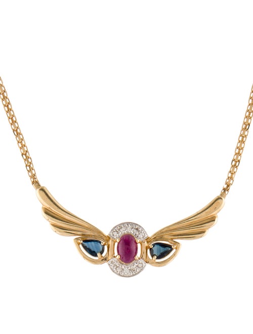Necklace 14K Ruby, Sapphire, & Diamond Winged Pendant Necklace