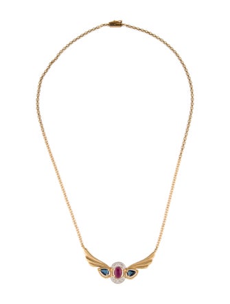Necklace 14K Ruby, Sapphire, & Diamond Winged Pendant Necklace