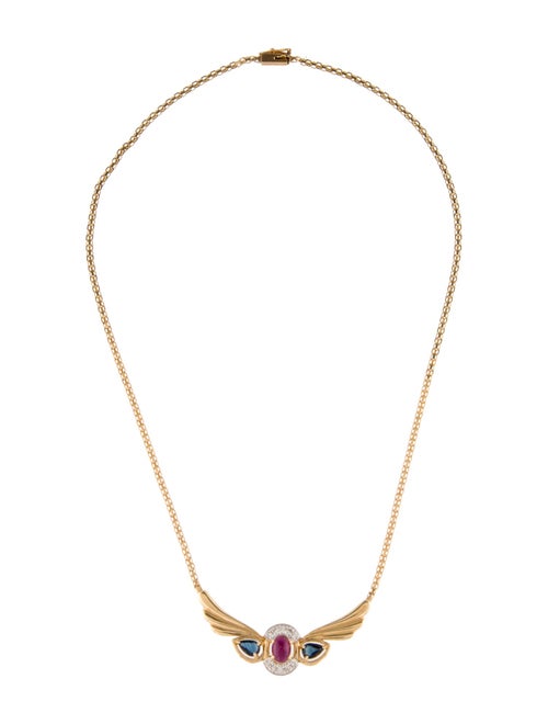 Necklace 14K Ruby, Sapphire, & Diamond Winged Pendant Necklace