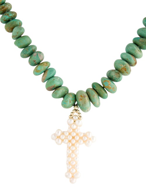 Necklace 14K Pearl & Turquoise Cross Pendant Necklace