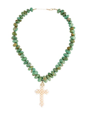 Necklace 14K Pearl & Turquoise Cross Pendant Necklace
