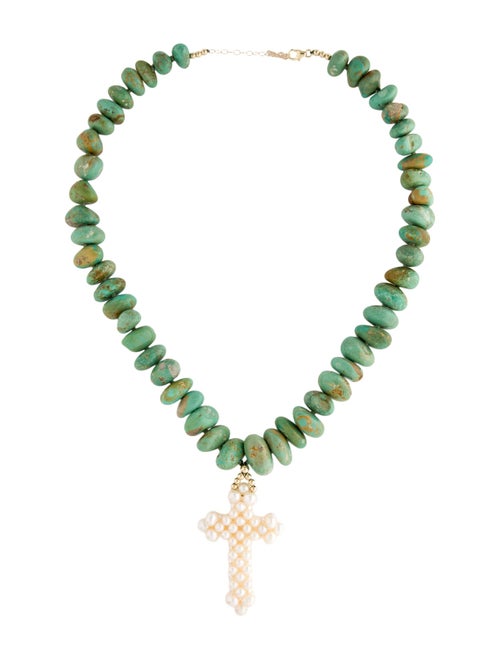 Necklace 14K Pearl & Turquoise Cross Pendant Necklace