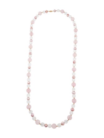 Necklace 14K Dyed Pearl, Rose Quartz & Quartz Bead Strand Necklace