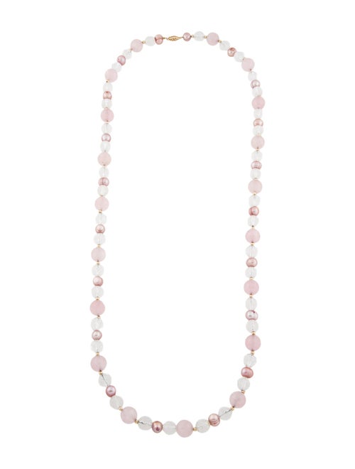 Necklace 14K Dyed Pearl, Rose Quartz & Quartz Bead Strand Necklace