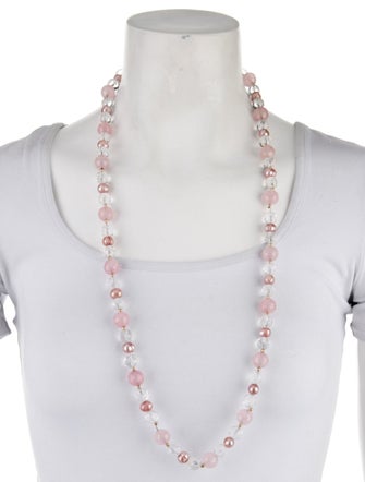 Necklace 14K Dyed Pearl, Rose Quartz & Quartz Bead Strand Necklace