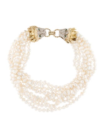 Necklace 14K 2.08ctw Diamond, Emerald & Pearl Multi Strand Necklace