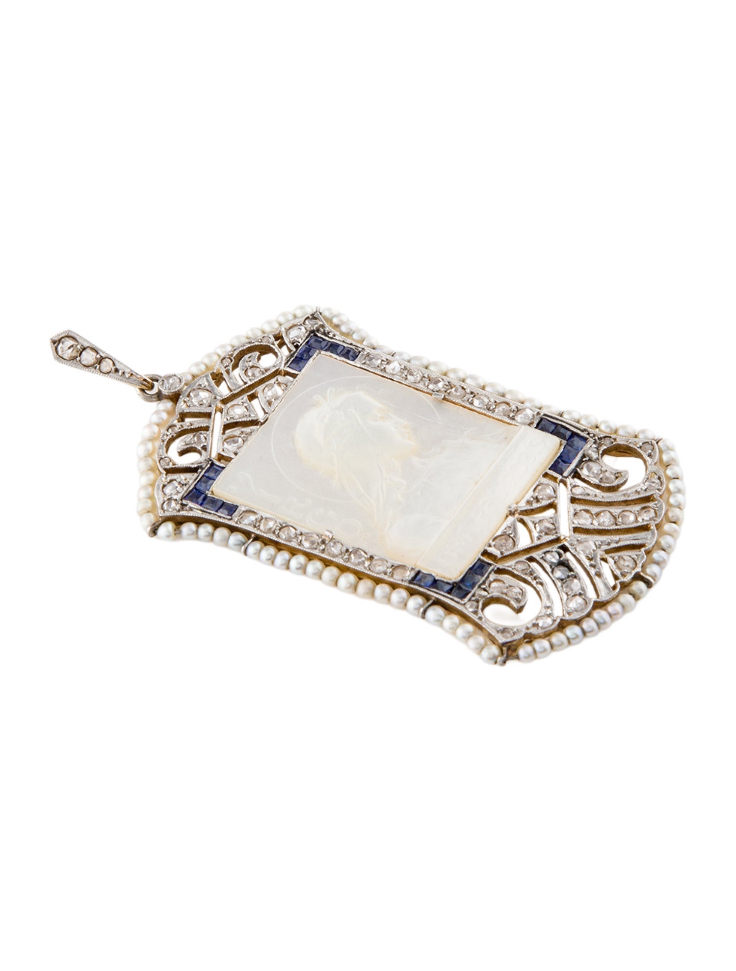 Necklace Antique Mother of Pearl, Pearl, Synthetic Sapphire & Diamond Pendant