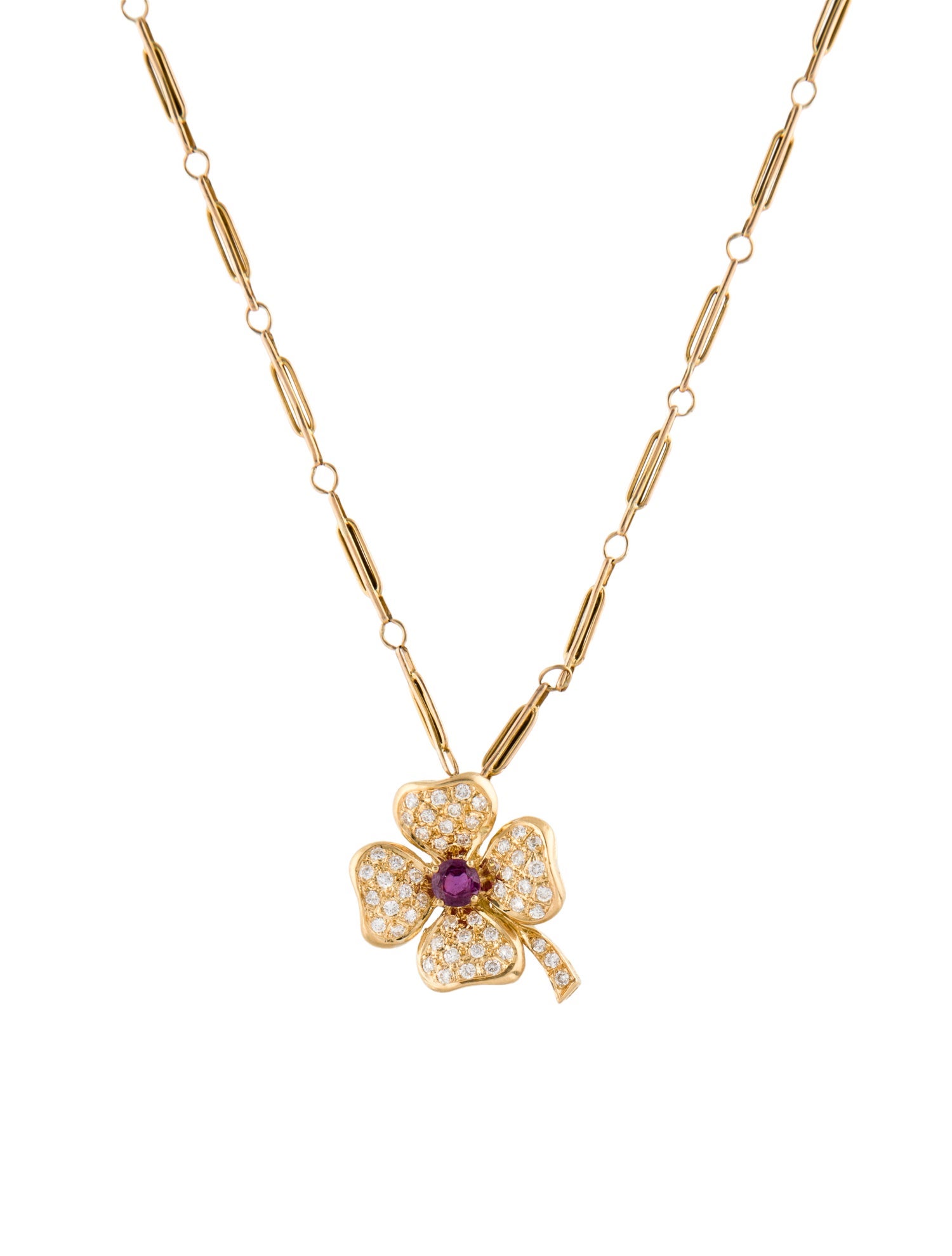 Necklace 18K Ruby & Diamond Clover Pendant Necklace
