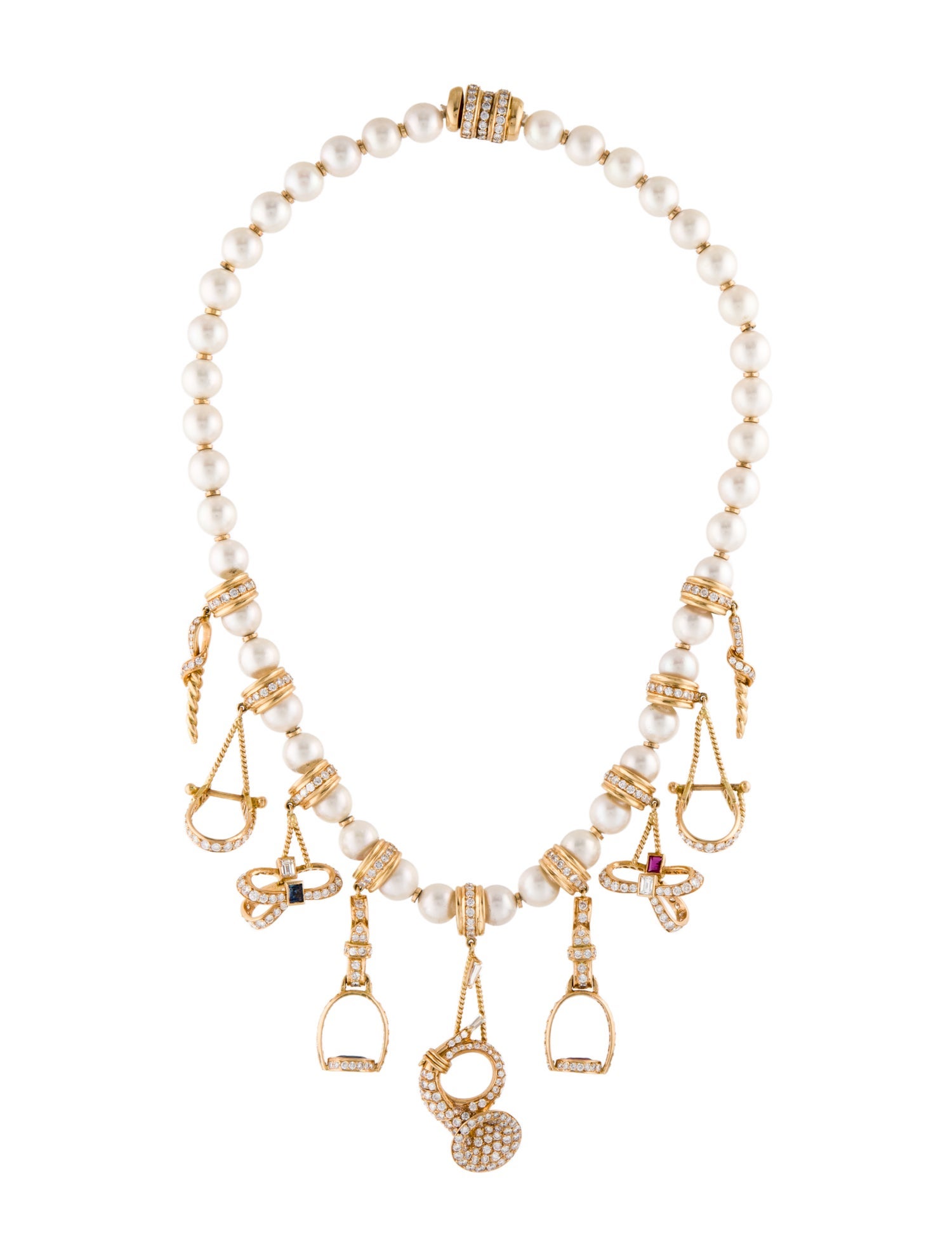 Necklace 18K Pearl, Sapphire, Ruby & Diamond Charm Collar