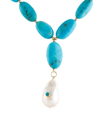 Necklace 18K Pearl & Turquoise Bead Strand Lavalier Necklace