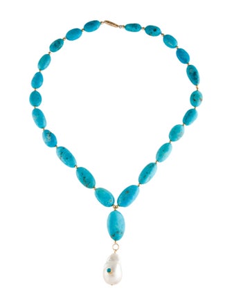Necklace 18K Pearl & Turquoise Bead Strand Lavalier Necklace