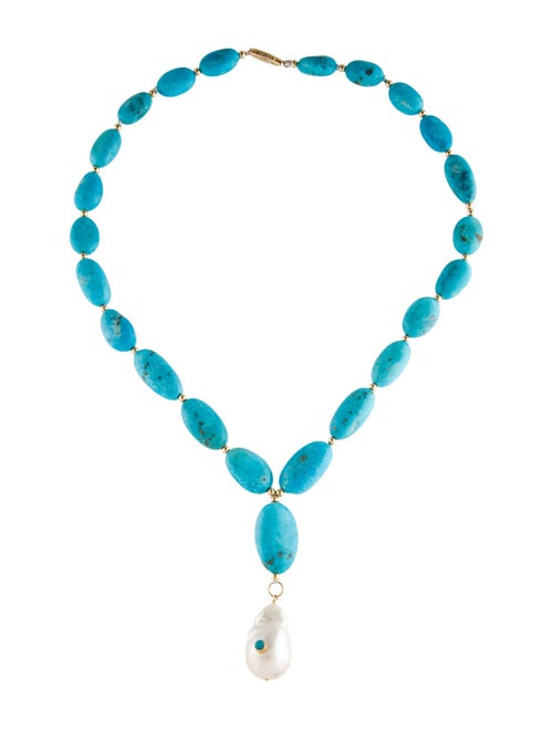 Necklace 18K Pearl & Turquoise Bead Strand Lavalier Necklace