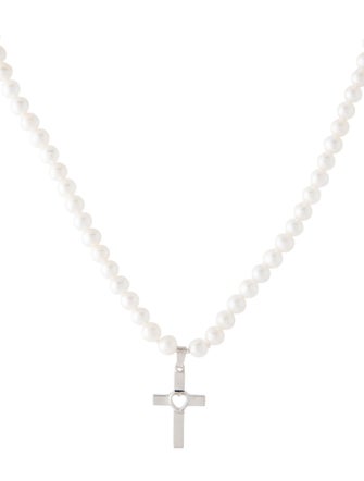 Necklace 14K Heart Cross Pendant & Pearl Bead Necklace