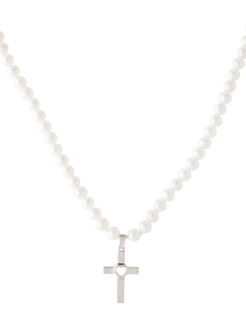 Necklace 14K Heart Cross Pendant & Pearl Bead Necklace