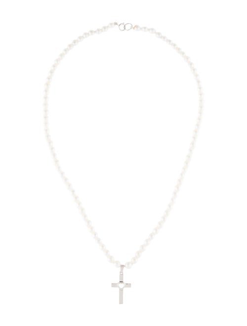 Necklace 14K Heart Cross Pendant & Pearl Bead Necklace