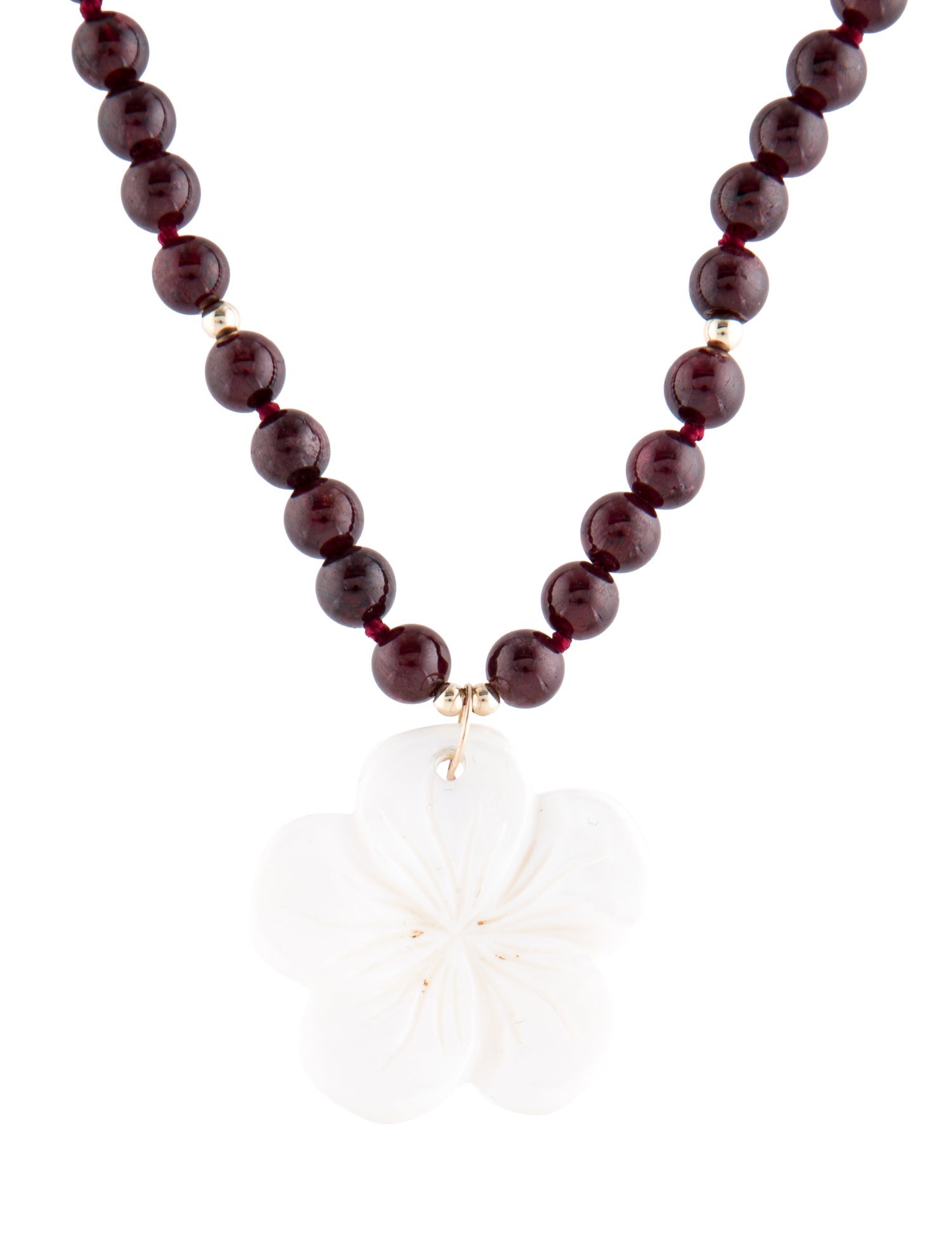 Necklace 14K Mother of Pearl & Garnet Flower Pendant Necklace