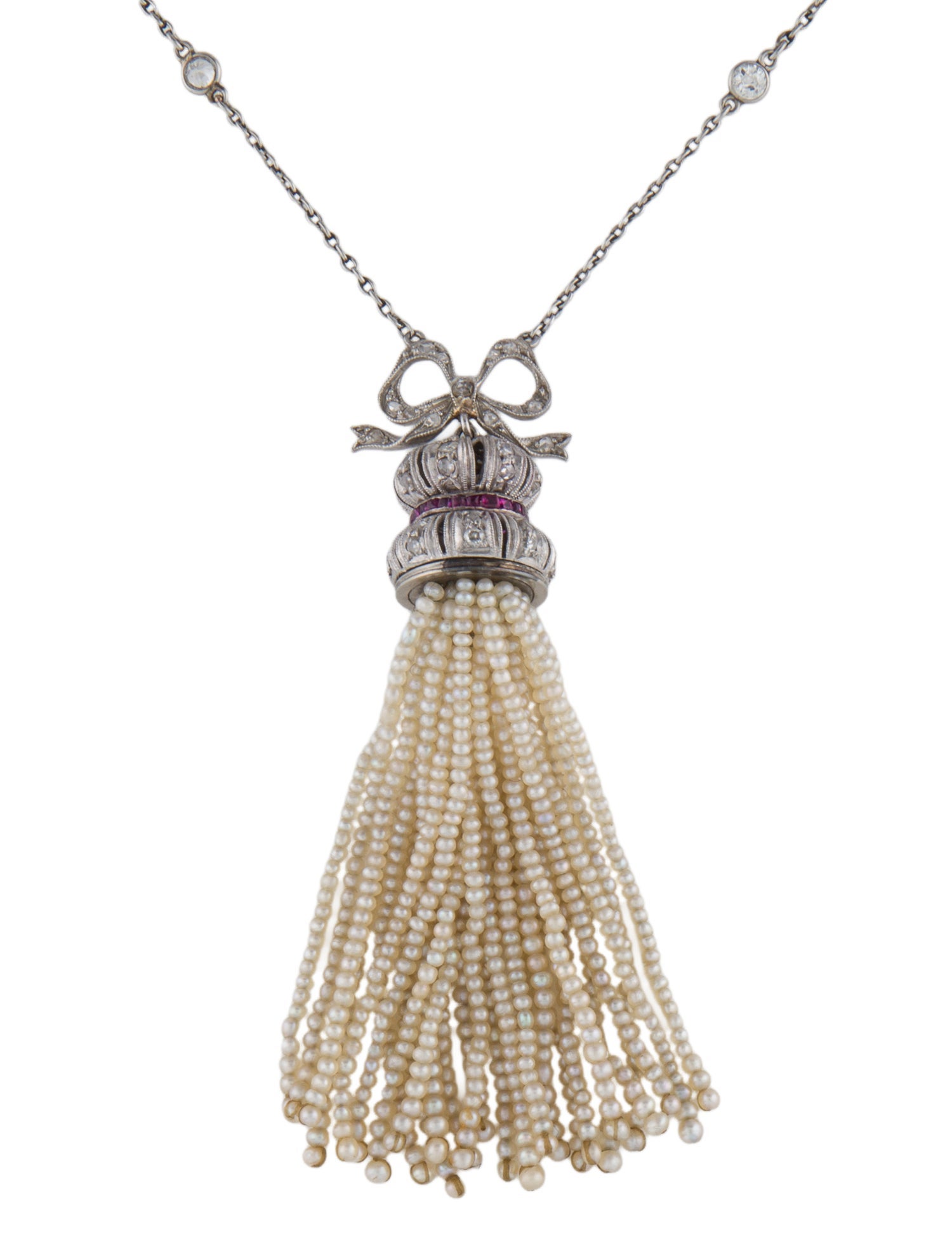 Necklace Edwardian Pearl, Ruby & Diamond Drop Pendant