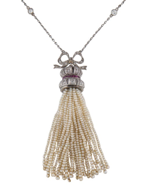 Necklace Edwardian Pearl, Ruby & Diamond Drop Pendant Necklace